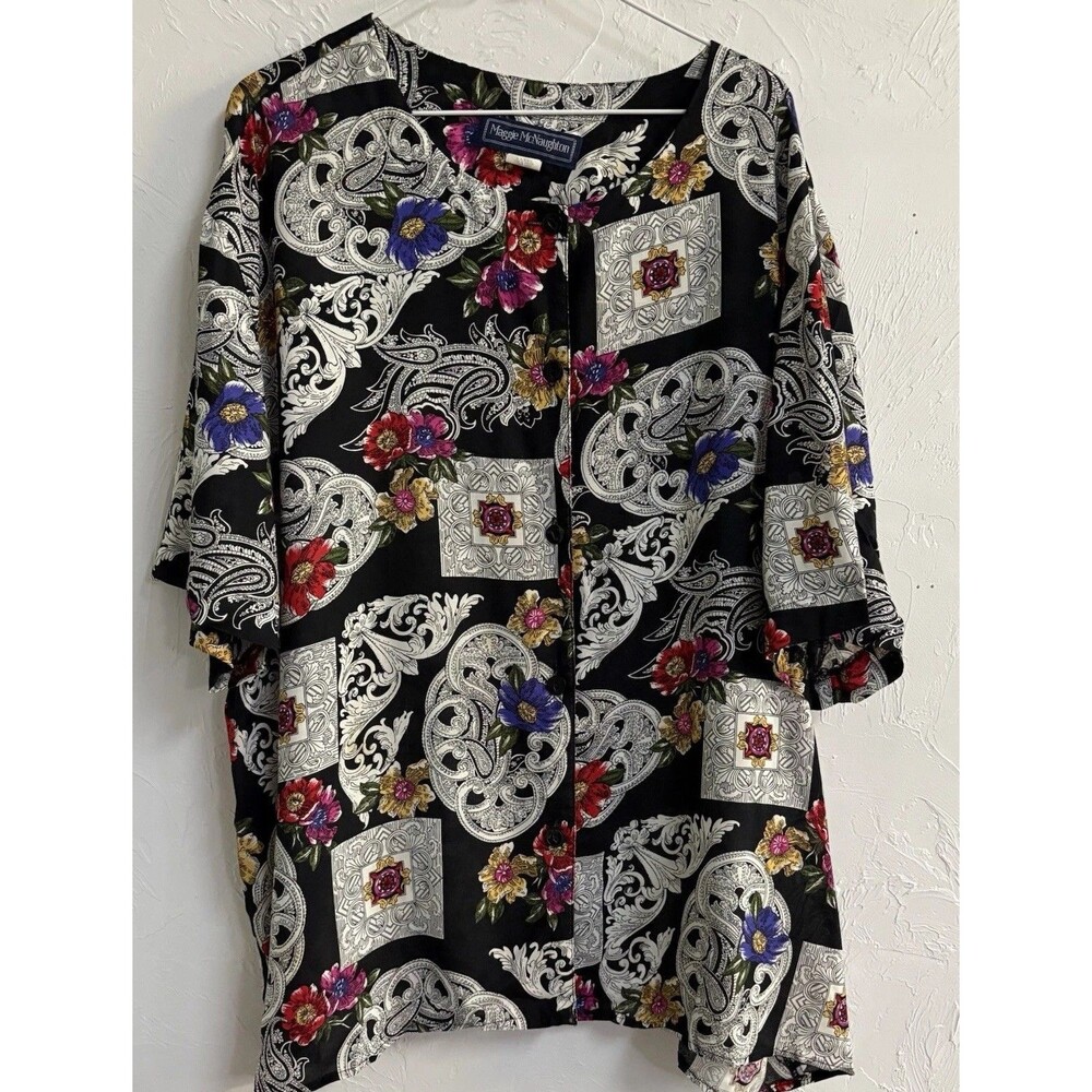 Maggie McNaughton Women’s Blouse 24W Black Multicolor Floral Button-Up 3/4